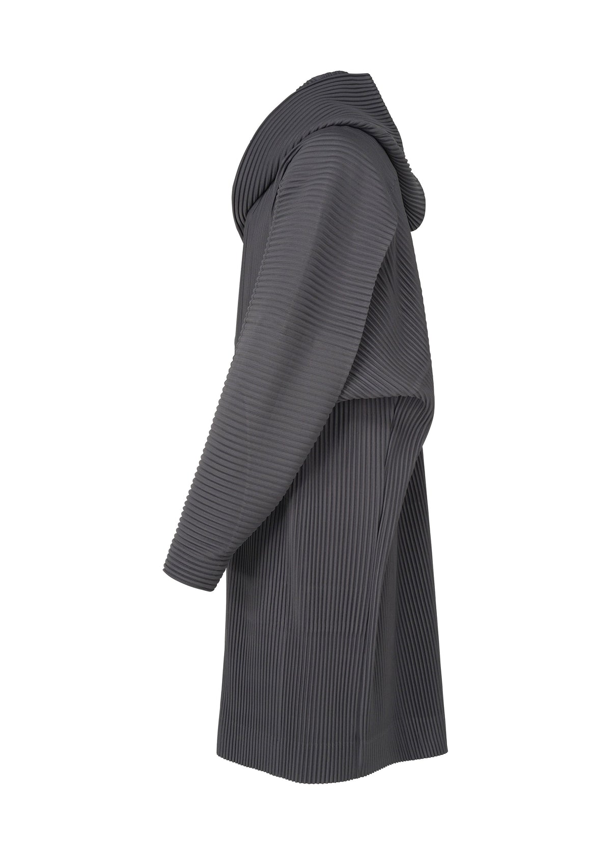 A long, dark gray hooded coat with vertical pleats from the MONTHLY COLORS : DECEMBER collection by HOMME PLISSÉ ISSEY MIYAKE, shown from the side against a white background—modern outerwear redefined. view 3 of 6