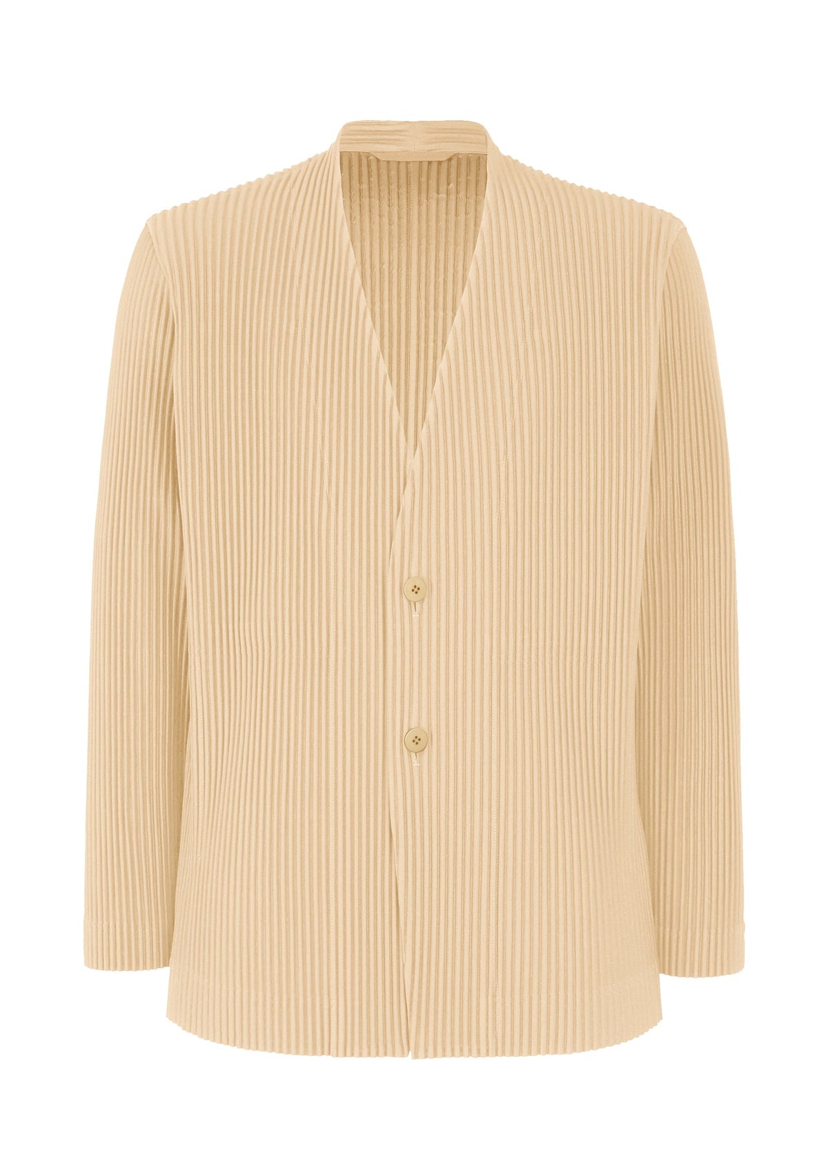 The TAILORED PLEATS 2 by HOMME PLISSÉ ISSEY MIYAKE is a beige, long-sleeved collarless jacket in quick-drying polyester, featuring a buttoned front and vertical ribbed texture. view 2 of 7
