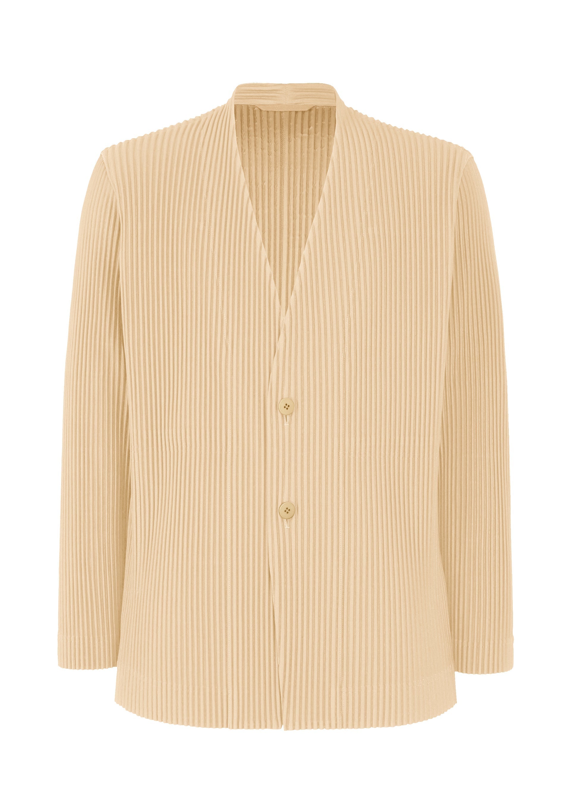 Zoomed view The TAILORED PLEATS 2 by HOMME PLISSÉ ISSEY MIYAKE is a beige, long-sleeved collarless jacket in quick-drying polyester, featuring a buttoned front and vertical ribbed texture. - COBBLE BEIGE （no.43）
