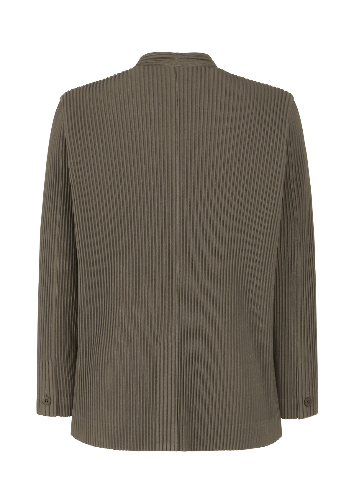 Back view of the TAILORED PLEATS 2 jacket by HOMME PLISSÉ ISSEY MIYAKE: a collarless, long-sleeve olive green piece in quick-drying pleated polyester with structured design and buttoned cuffs. view 3 of 7
