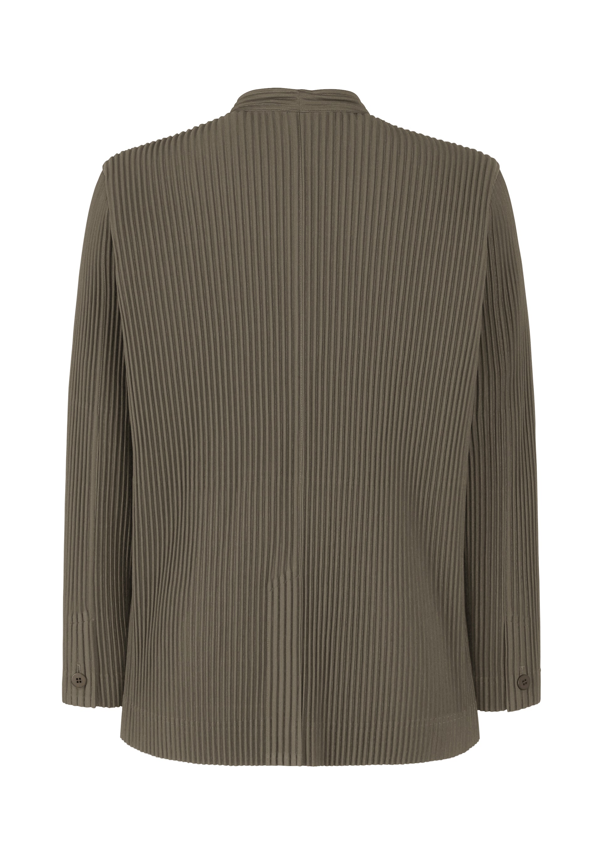 Zoomed view Back view of the TAILORED PLEATS 2 jacket by HOMME PLISSÉ ISSEY MIYAKE: a collarless, long-sleeve olive green piece in quick-drying pleated polyester with structured design and buttoned cuffs.
