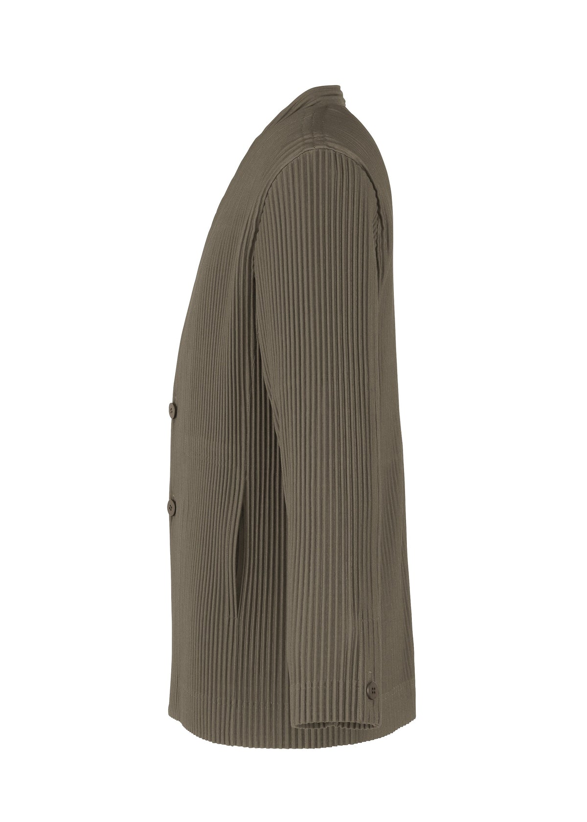 A side view of the HOMME PLISSÉ ISSEY MIYAKE TAILORED PLEATS 2 jacket in textured olive green, collarless with vertical pleats, two front buttons, a straight hem, and made from quick-drying polyester for convenience. view 4 of 7