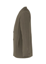 A side view of the HOMME PLISSÉ ISSEY MIYAKE TAILORED PLEATS 2 jacket in textured olive green, collarless with vertical pleats, two front buttons, a straight hem, and made from quick-drying polyester for convenience.