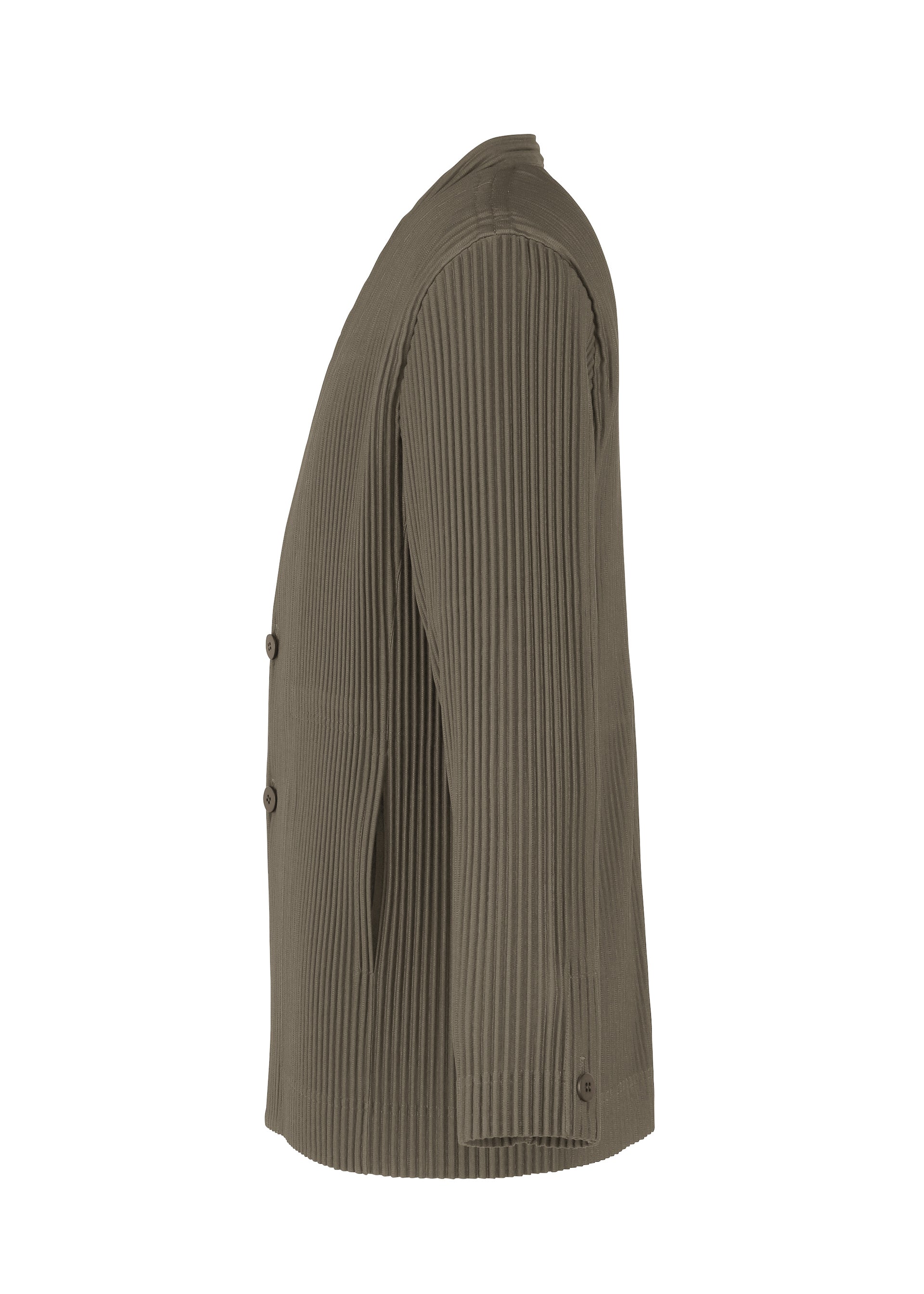 Zoomed view A side view of the HOMME PLISSÉ ISSEY MIYAKE TAILORED PLEATS 2 jacket in textured olive green, collarless with vertical pleats, two front buttons, a straight hem, and made from quick-drying polyester for convenience.
