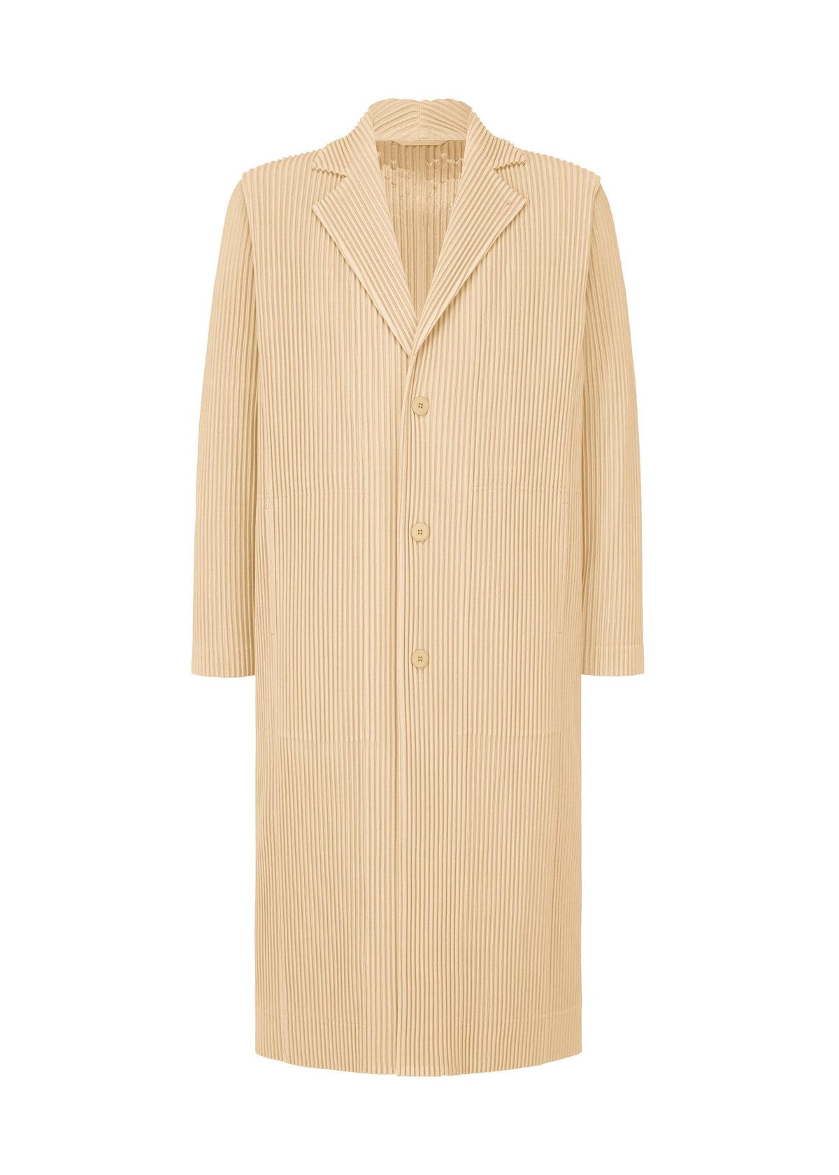The TAILORED PLEATS 2 jacket by HOMME PLISSÉ ISSEY MIYAKE is a long, beige, pinstriped piece with a notched lapel collar, three-button closure, and long sleeves, shown on a white background. view 2 of 4