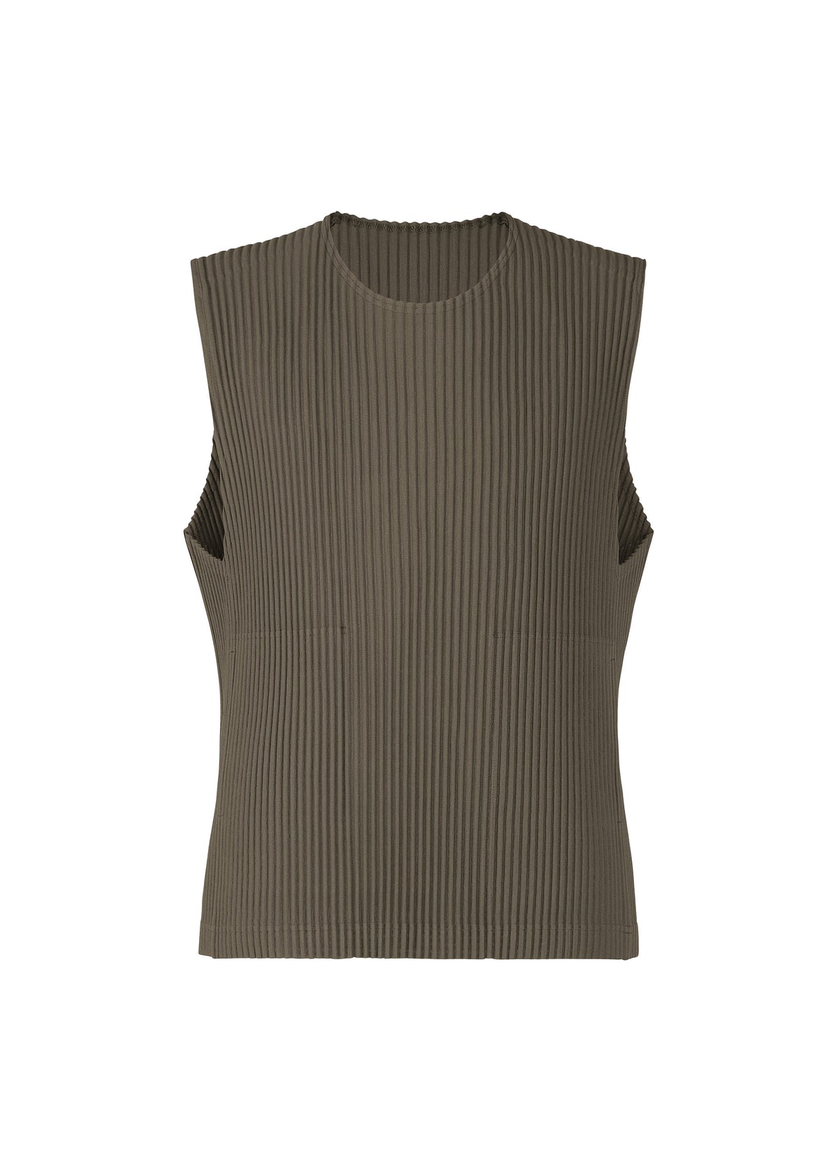 The HOMME PLISSÉ ISSEY MIYAKE TAILORED PLEATS 2 is a sleeveless, dark olive green ribbed round-neck vest crafted from pleated, quick-drying polyester. Shown against a plain white background. view 2 of 8