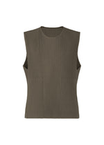 The HOMME PLISSÉ ISSEY MIYAKE TAILORED PLEATS 2 is a sleeveless, dark olive green ribbed round-neck vest crafted from pleated, quick-drying polyester. Shown against a plain white background. - MUDSTONE GRAY （no.17）