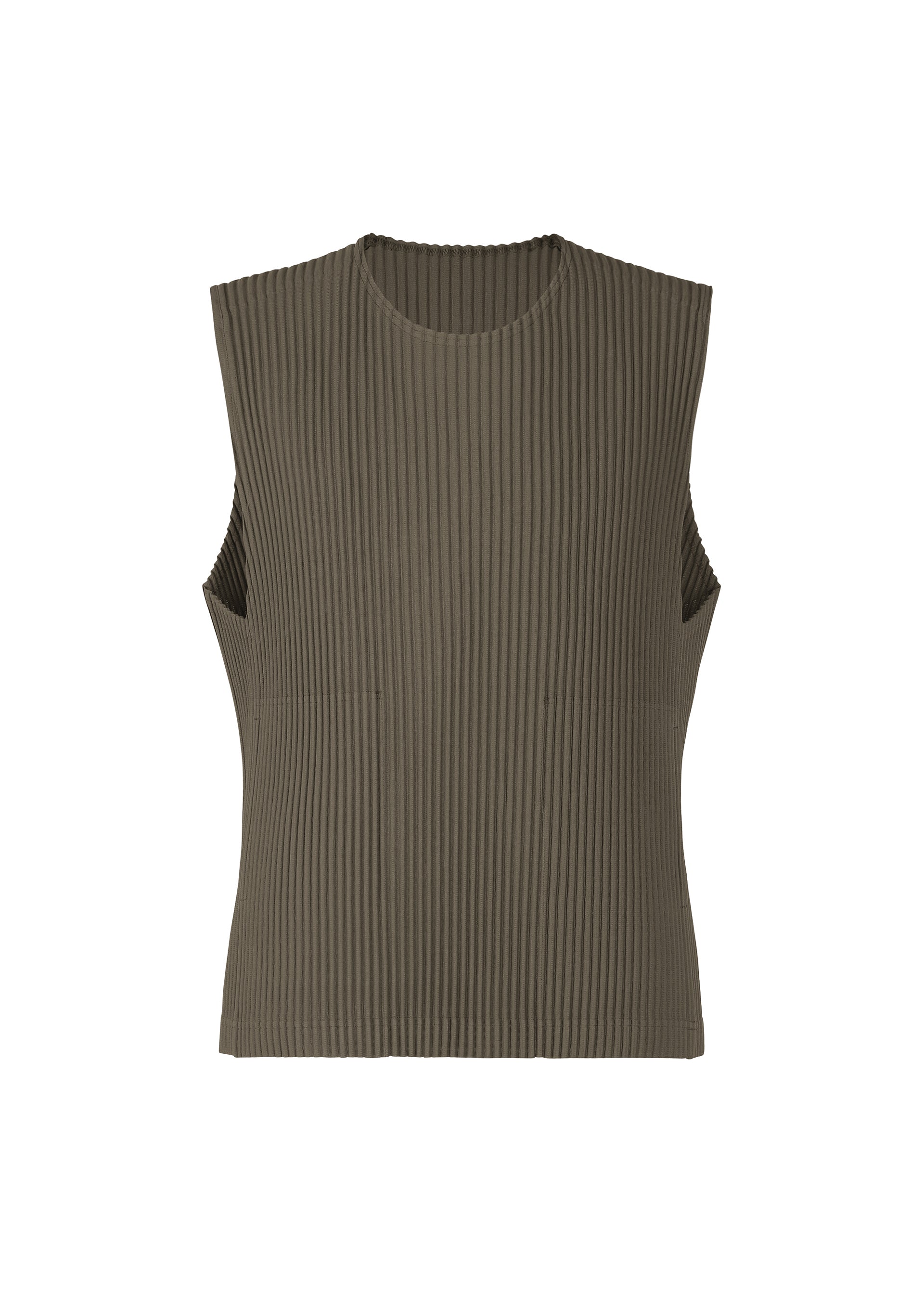 Zoomed view The HOMME PLISSÉ ISSEY MIYAKE TAILORED PLEATS 2 is a sleeveless, dark olive green ribbed round-neck vest crafted from pleated, quick-drying polyester. Shown against a plain white background. - MUDSTONE GRAY （no.17）