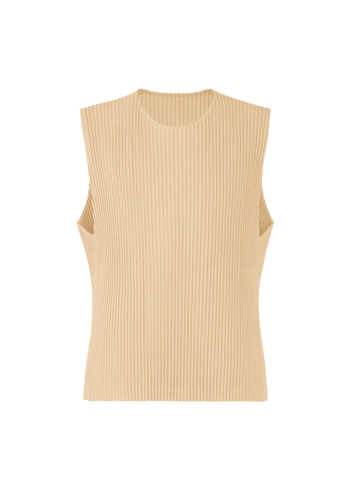 TAILORED PLEATS 2 by HOMME PLISSÉ ISSEY MIYAKE: a sleeveless beige ribbed knit top featuring a quick-drying polyester blend and crew neckline, shown on a white background. view 3 of 8