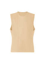 TAILORED PLEATS 2 by HOMME PLISSÉ ISSEY MIYAKE: a sleeveless beige ribbed knit top featuring a quick-drying polyester blend and crew neckline, shown on a white background. - COBBLE BEIGE （no.43）