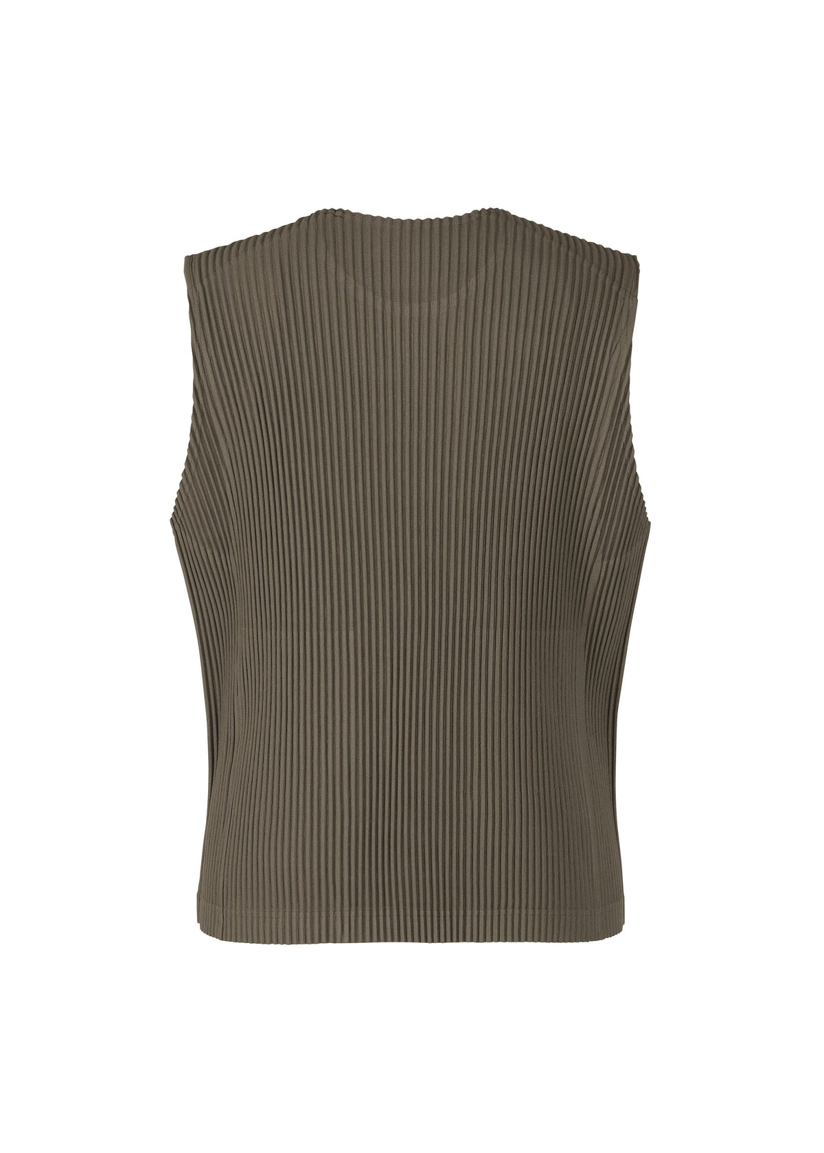 The TAILORED PLEATS 2 vest by HOMME PLISSÉ ISSEY MIYAKE is a sleeveless, olive-green ribbed knit round-neck style, shown from the back against a white background. view 4 of 8