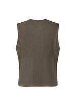 The TAILORED PLEATS 2 vest by HOMME PLISSÉ ISSEY MIYAKE is a sleeveless, olive-green ribbed knit round-neck style, shown from the back against a white background.