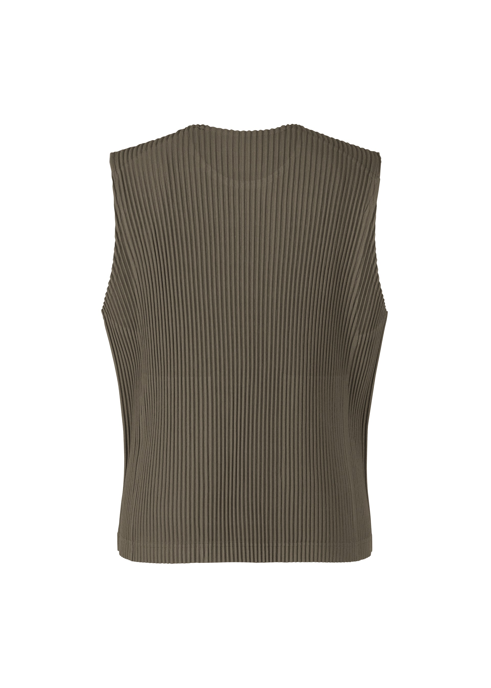 Zoomed view The TAILORED PLEATS 2 vest by HOMME PLISSÉ ISSEY MIYAKE is a sleeveless, olive-green ribbed knit round-neck style, shown from the back against a white background.