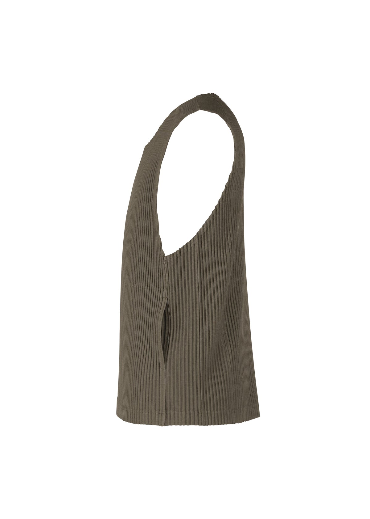 The TAILORED PLEATS 2 by HOMME PLISSÉ ISSEY MIYAKE is a sleeveless, ribbed olive green vest tank top with a scoop neckline and large armhole, shown from the side against a plain white background. view 5 of 8