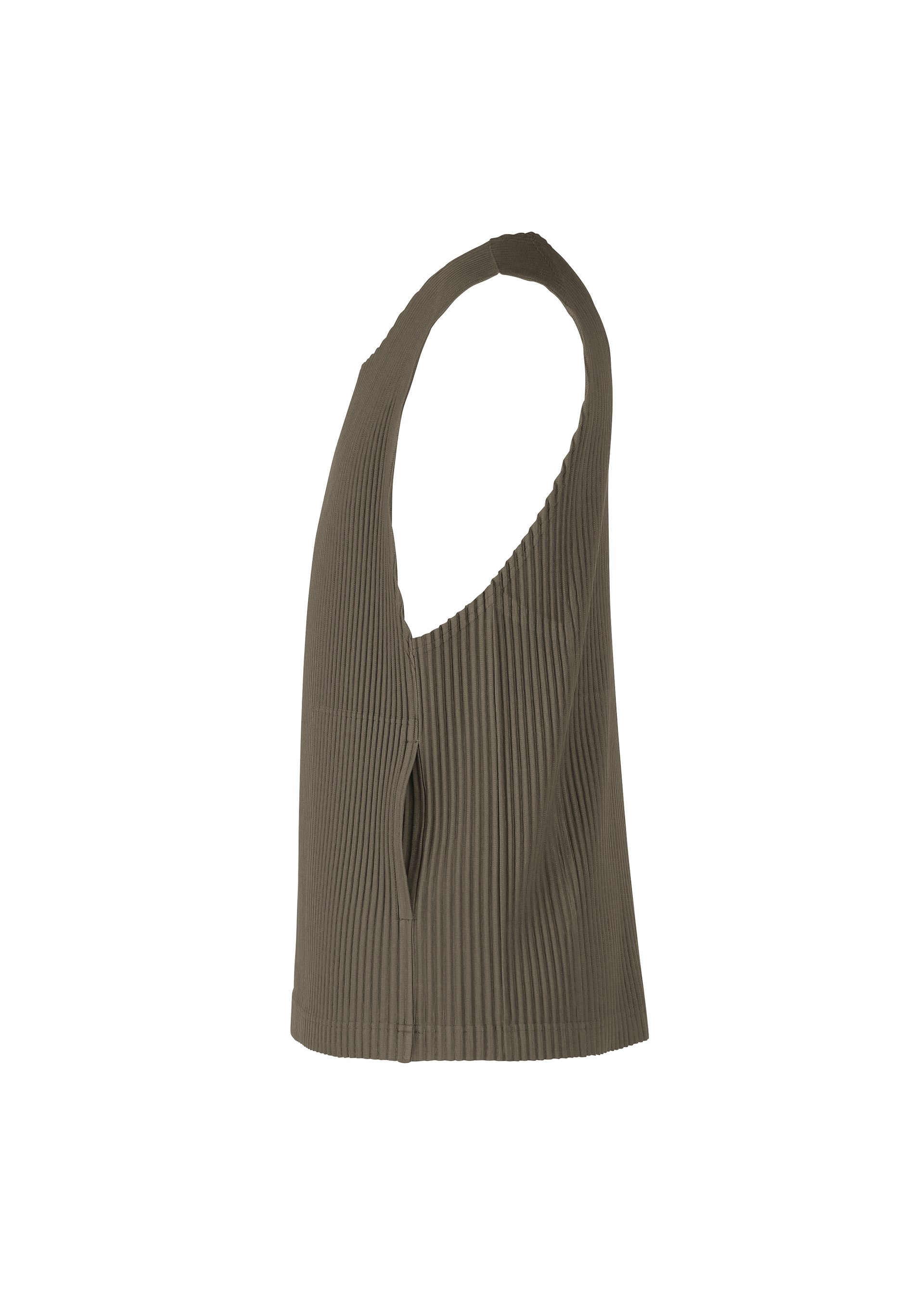 Zoomed view The TAILORED PLEATS 2 by HOMME PLISSÉ ISSEY MIYAKE is a sleeveless, ribbed olive green vest tank top with a scoop neckline and large armhole, shown from the side against a plain white background.