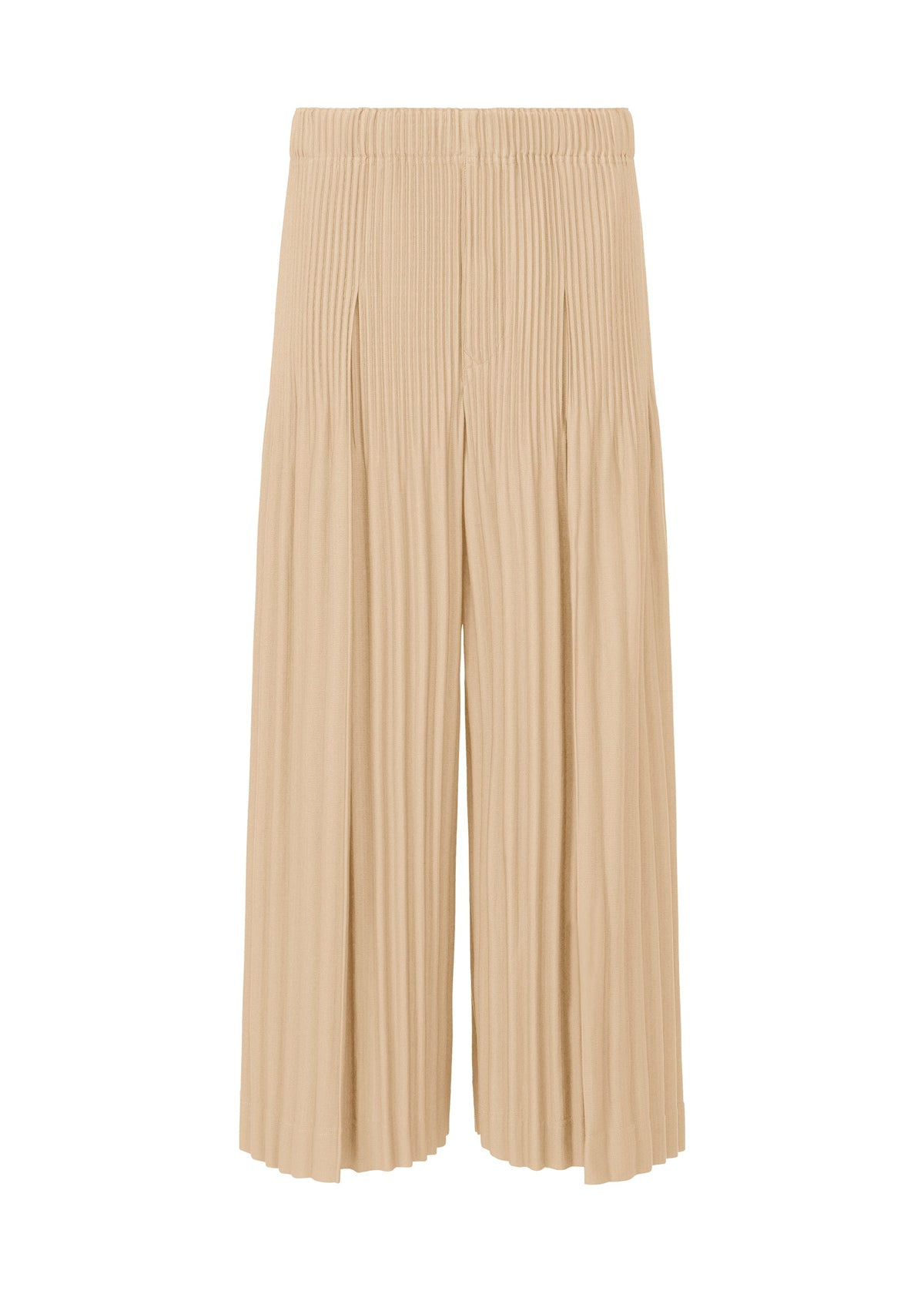 The MONTHLY COLORS : DECEMBER wide pants by HOMME PLISSÉ ISSEY MIYAKE, inspired by Japanese hakama, feature beige pleats, a wide-leg silhouette, and elastic waistband, shown against a white background. view 2 of 8