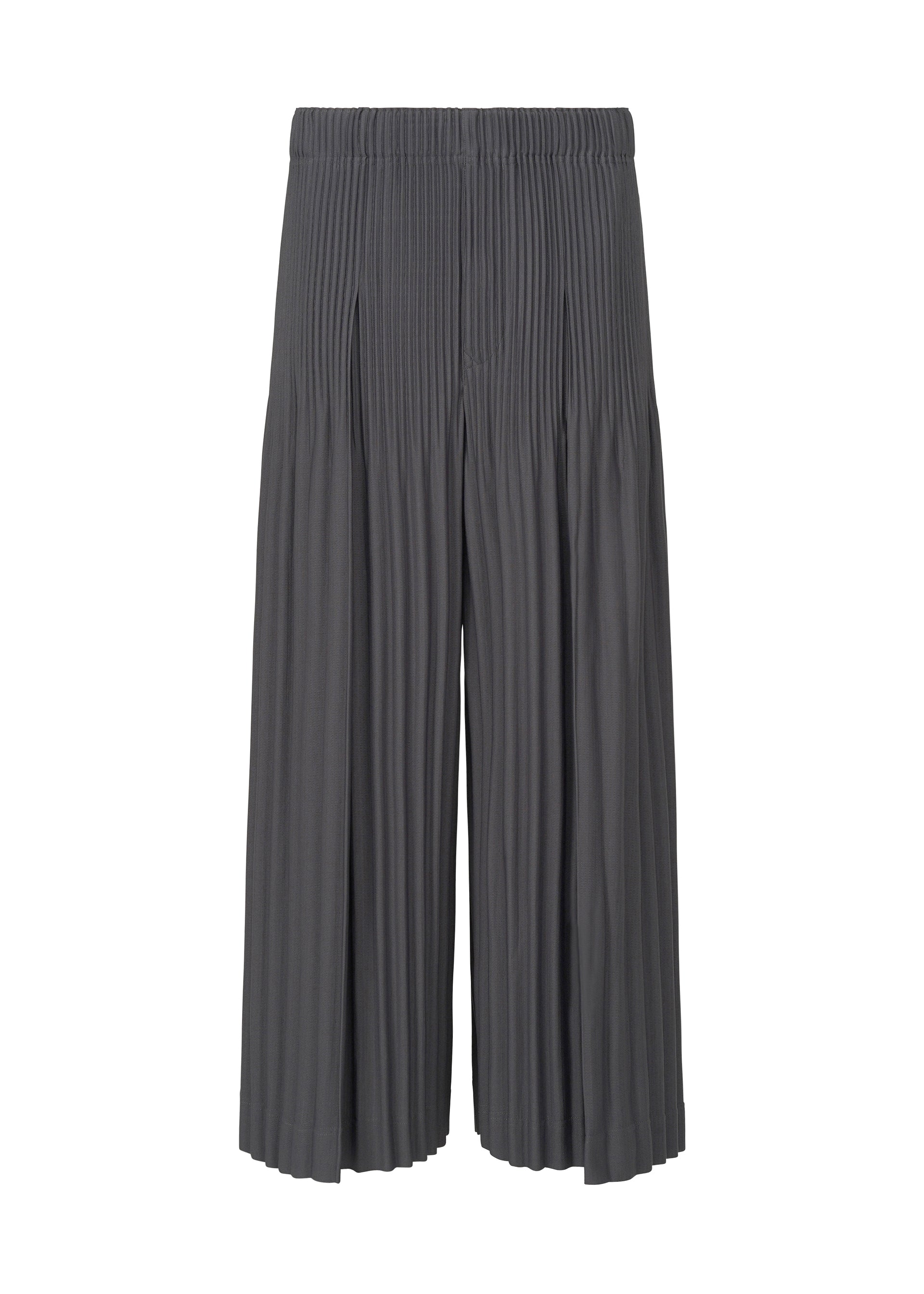 Zoomed view The MONTHLY COLORS : DECEMBER culottes by HOMME PLISSÉ ISSEY MIYAKE are gray, knee-length with wide legs, Keshi pleats, and an elastic waistband, inspired by Japanese hakama and shown on a white background. - SEPTARIAN BLUE （no.76）