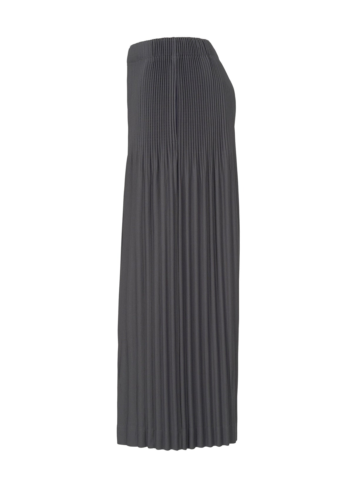 A side view of the MONTHLY COLORS : DECEMBER dark gray skirt by HOMME PLISSÉ ISSEY MIYAKE, featuring Keshi pleats and an elastic waistband inspired by Japanese hakama pants, displayed on a plain white background. view 4 of 8