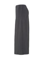 A side view of the MONTHLY COLORS : DECEMBER dark gray skirt by HOMME PLISSÉ ISSEY MIYAKE, featuring Keshi pleats and an elastic waistband inspired by Japanese hakama pants, displayed on a plain white background.