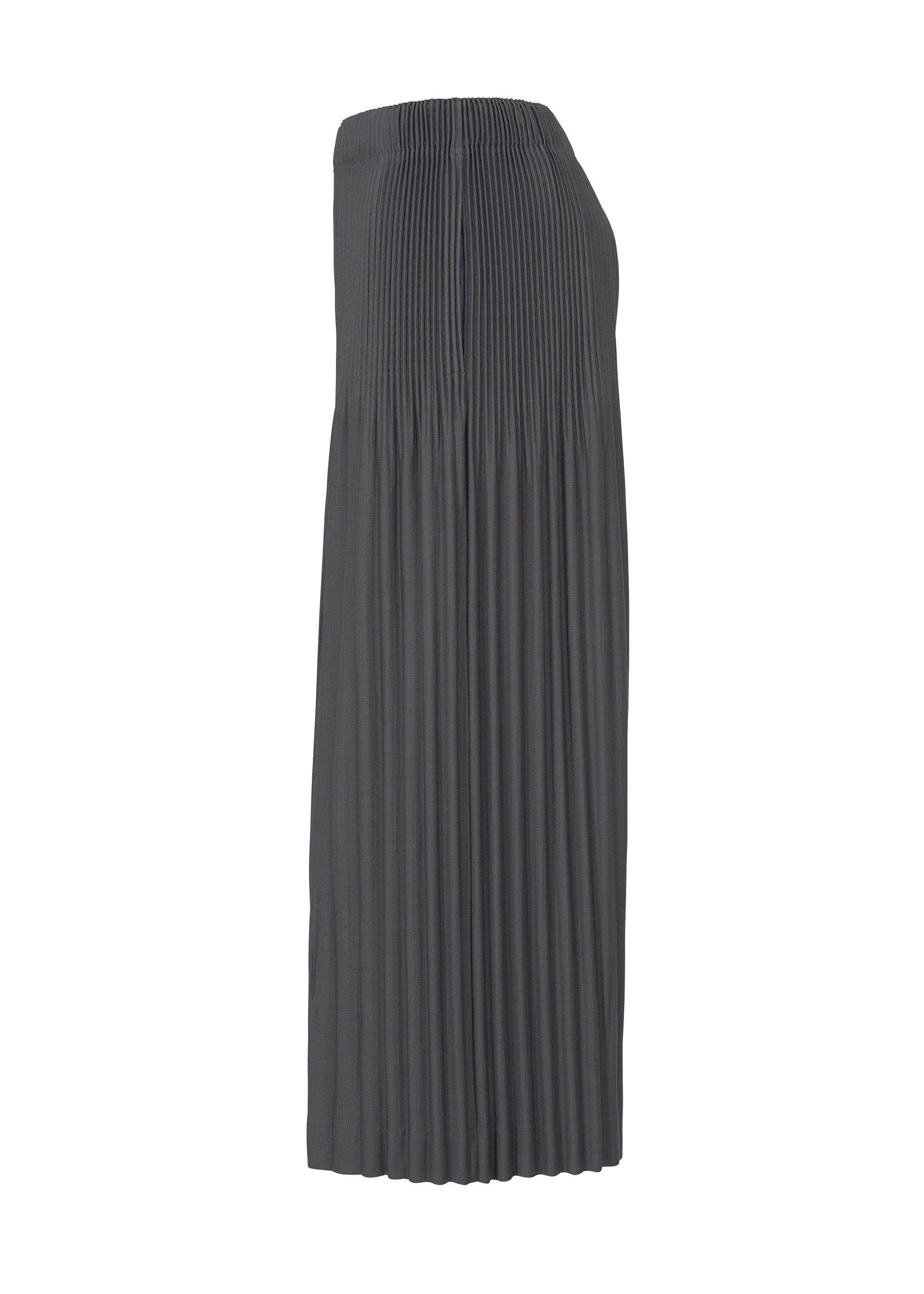 Zoomed view A side view of the MONTHLY COLORS : DECEMBER dark gray skirt by HOMME PLISSÉ ISSEY MIYAKE, featuring Keshi pleats and an elastic waistband inspired by Japanese hakama pants, displayed on a plain white background.
