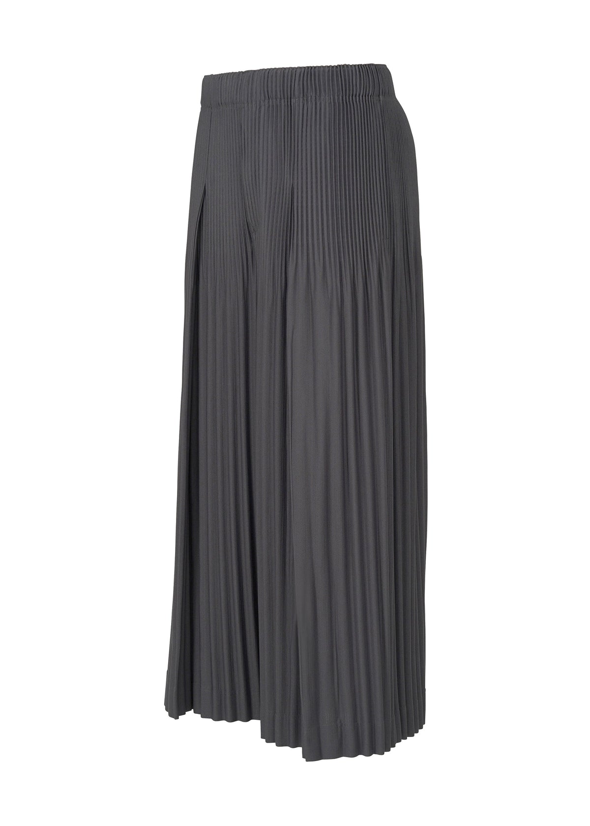 A pair of high-waisted, loose-fitting dark gray culottes with Keshi pleats and an elastic waistband by HOMME PLISSÉ ISSEY MIYAKE, from MONTHLY COLORS : DECEMBER, inspired by Japanese hakama pants, shown on a plain white background. view 5 of 8
