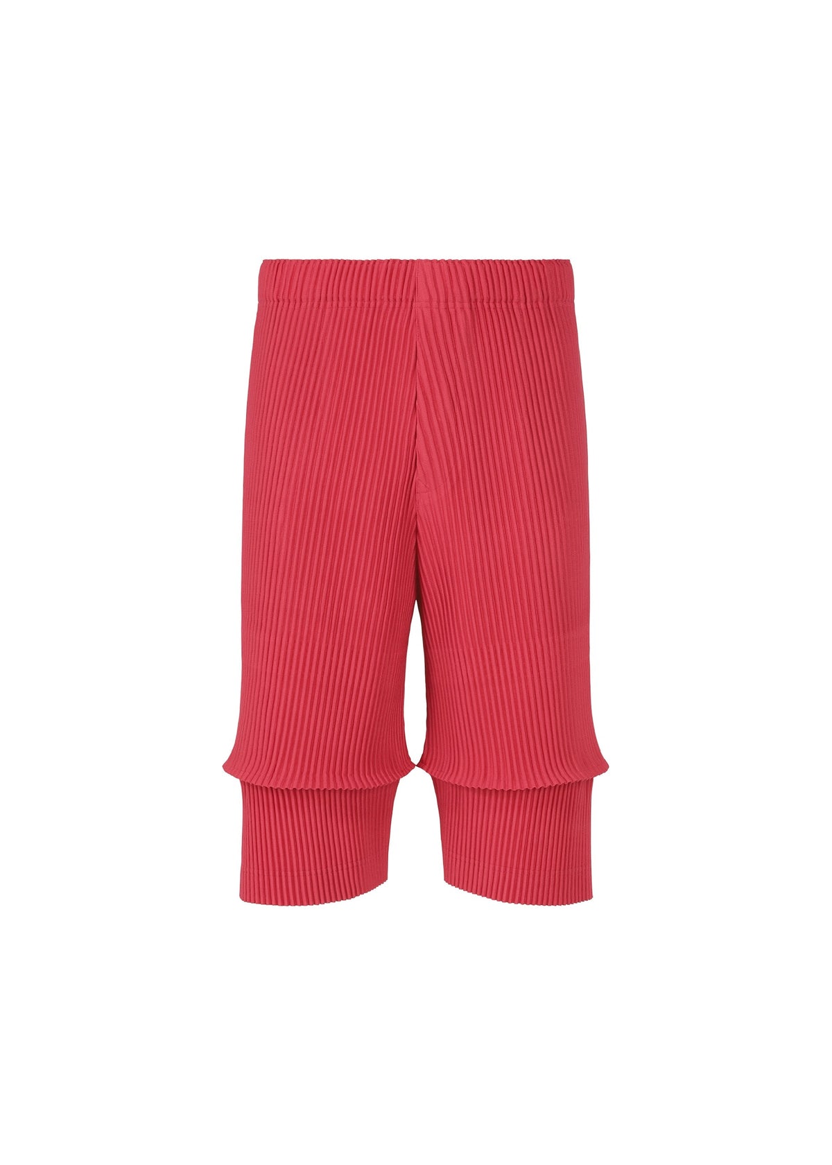 PLEATS BOTTOMS 2 by HOMME PLISSÉ ISSEY MIYAKE—bright pink ribbed knit shorts with a layered hem and practical pockets, displayed on a white background. view 2 of 8