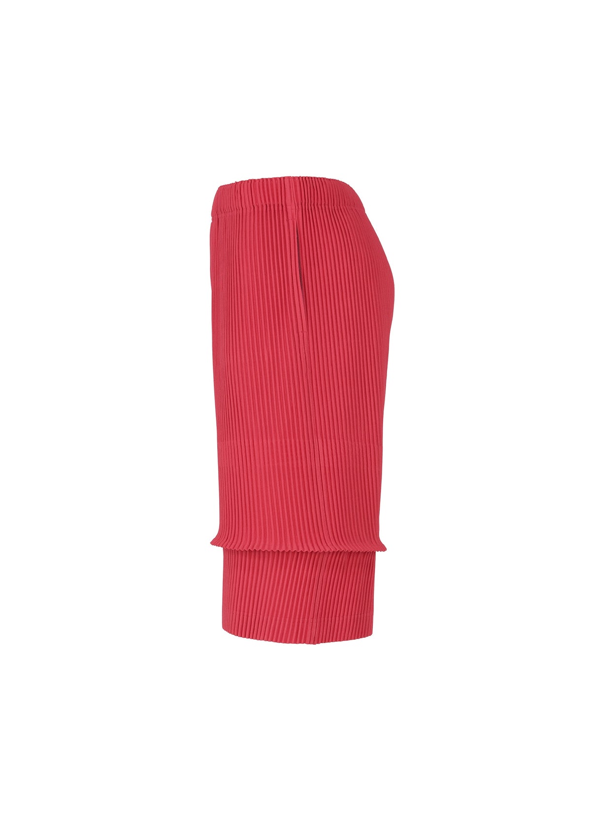 Side view of the PLEATS BOTTOMS 2 pink knee-length skirt by HOMME PLISSÉ ISSEY MIYAKE, featuring pleated texture, elastic waistband, and handy pockets, displayed against a plain white background. view 5 of 8