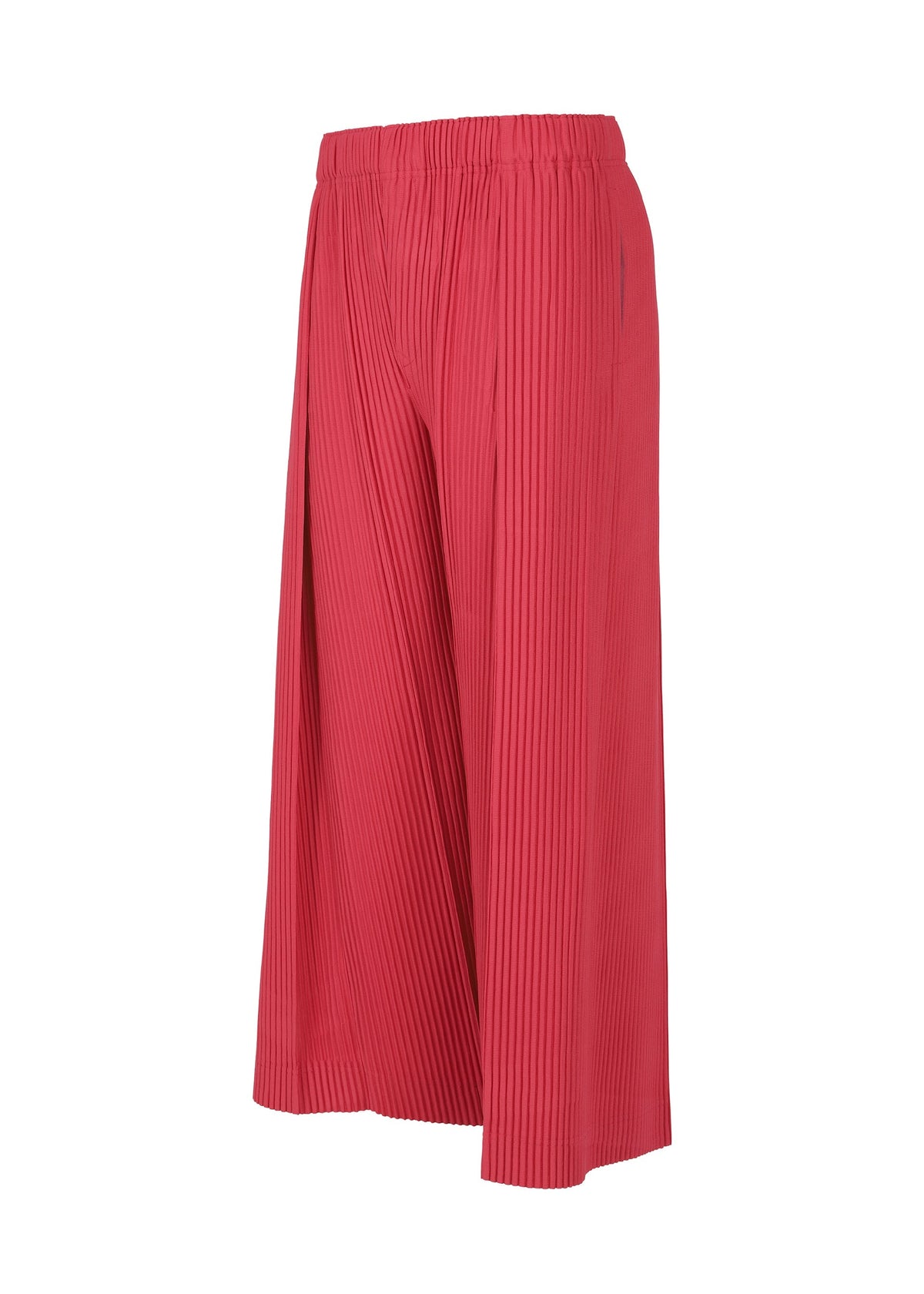 The HOMME PLISSÉ ISSEY MIYAKE PLEATS BOTTOMS 2 are red, calf-length wide-leg pants with a loose, flowy fit, elastic waistband, and drawcord waist, shown on a white background. view 3 of 3