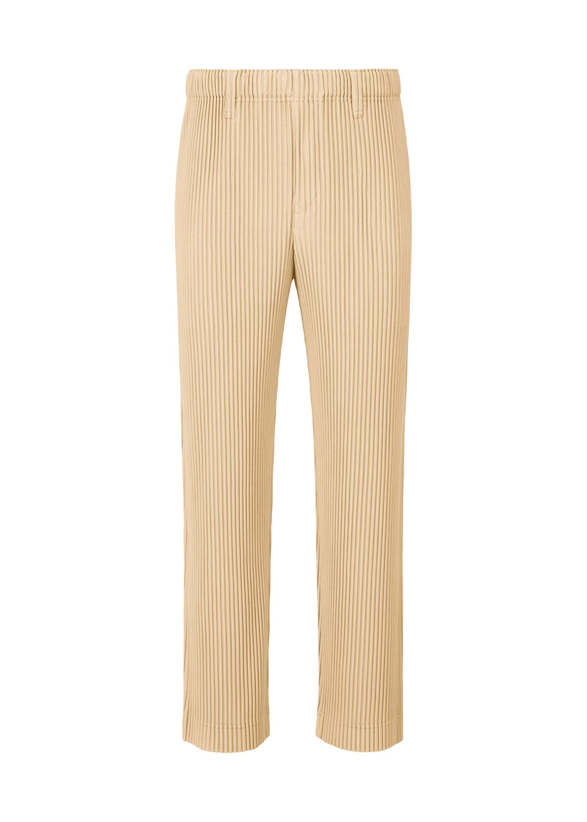 TAILORED PLEATS 2 by HOMME PLISSÉ ISSEY MIYAKE: Beige straight-cut, pleated pants with an elastic waistband, made from quick-drying polyester in a formal-casual style. Shown on a plain white background, with no visible pockets or embellishments. view 2 of 7