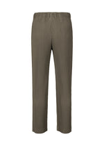 The TAILORED PLEATS 2 pants by HOMME PLISSÉ ISSEY MIYAKE feature olive green pleated polyester with subtle vertical stripes, an elastic waist, and a quick-dry finish—ideal for a formal casual look. Shown against a white background.