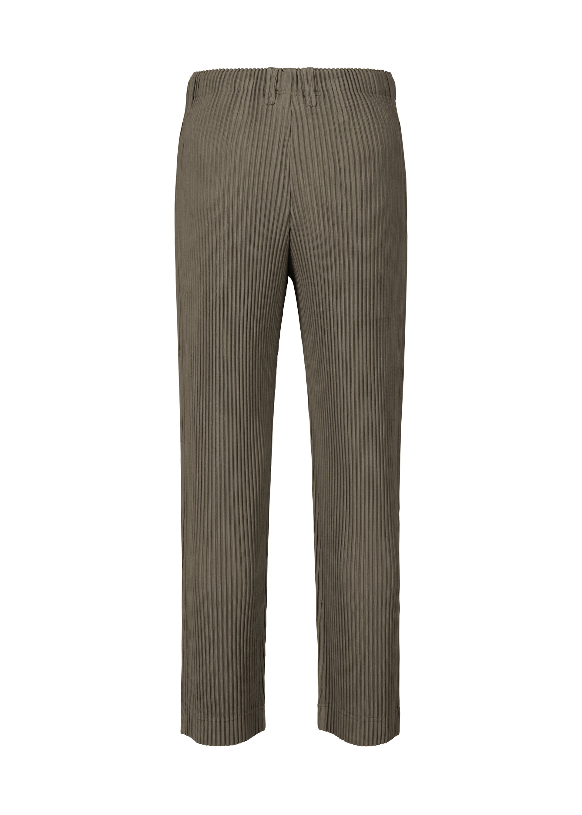 Zoomed view The TAILORED PLEATS 2 pants by HOMME PLISSÉ ISSEY MIYAKE feature olive green pleated polyester with subtle vertical stripes, an elastic waist, and a quick-dry finish—ideal for a formal casual look. Shown against a white background.