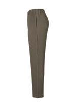 Side view of HOMME PLISSÉ ISSEY MIYAKE TAILORED PLEATS 2: olive green, high-waisted pinstriped straight pants in quick-drying polyester with a tailored fit, shown on a white background, suitable for both formal and casual wear.