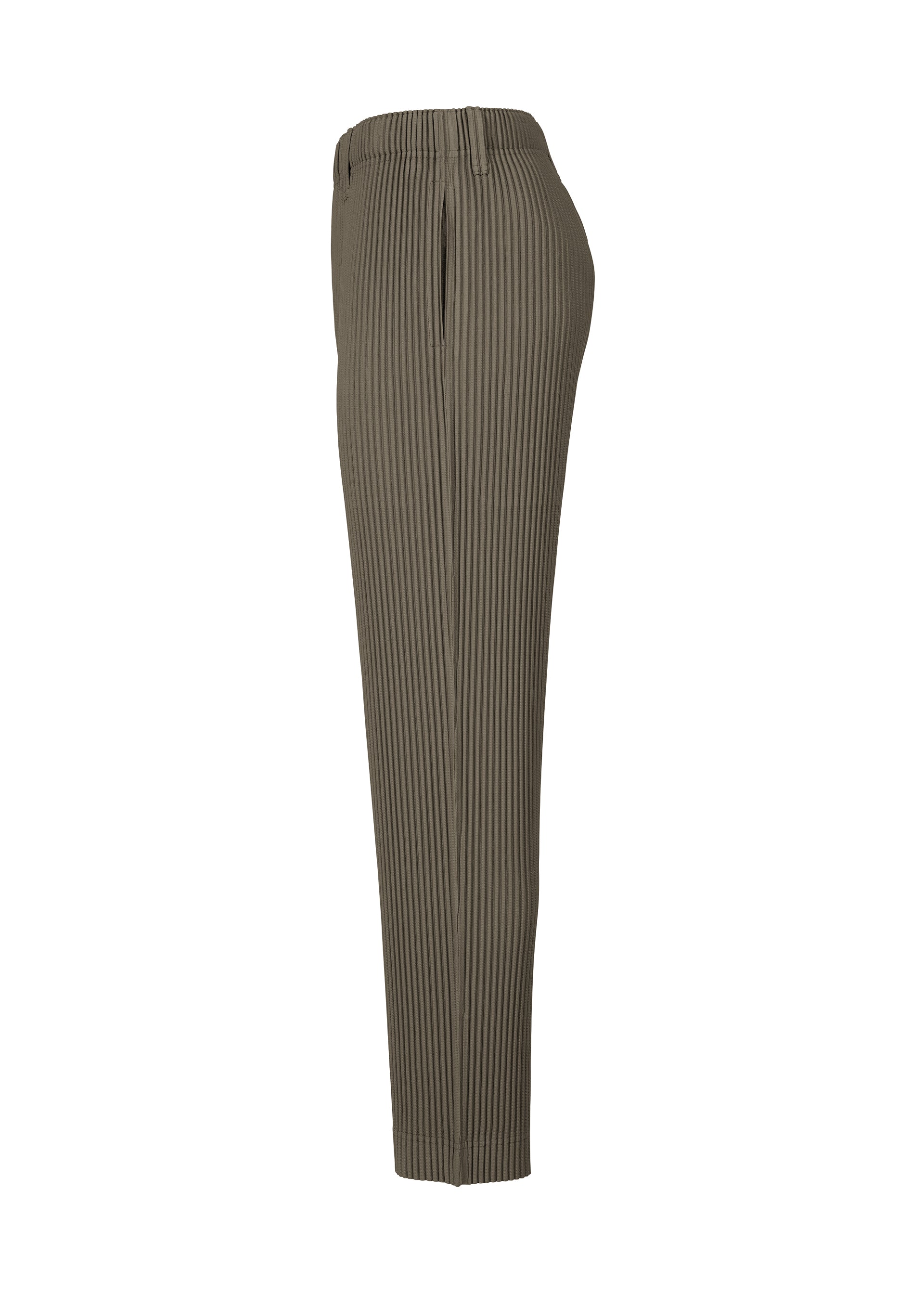 Zoomed view Side view of HOMME PLISSÉ ISSEY MIYAKE TAILORED PLEATS 2: olive green, high-waisted pinstriped straight pants in quick-drying polyester with a tailored fit, shown on a white background, suitable for both formal and casual wear.