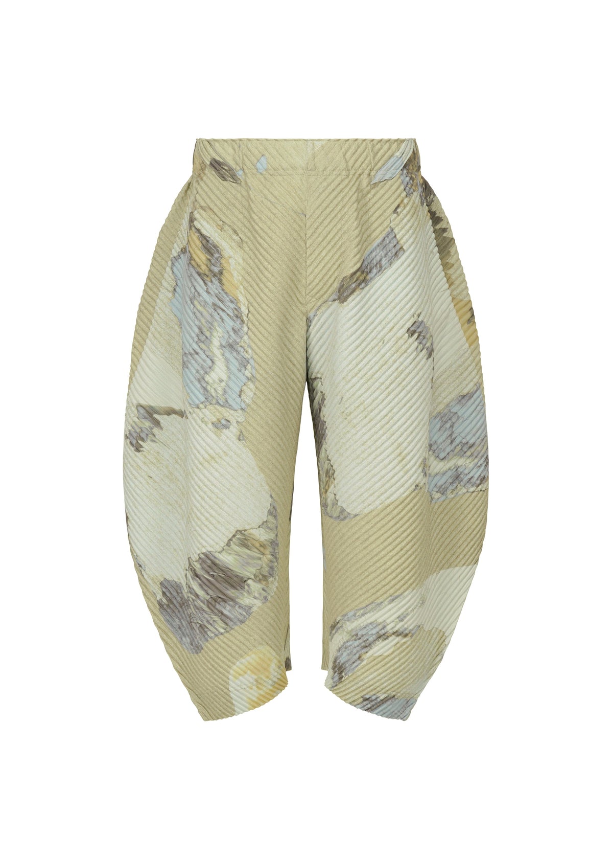 The PAINTED STONE pants by HOMME PLISSÉ ISSEY MIYAKE are beige cropped trousers with an abstract marble-like pattern in gray, white, and yellow tones, featuring wide rounded legs and textured fabric. view 3 of 8
