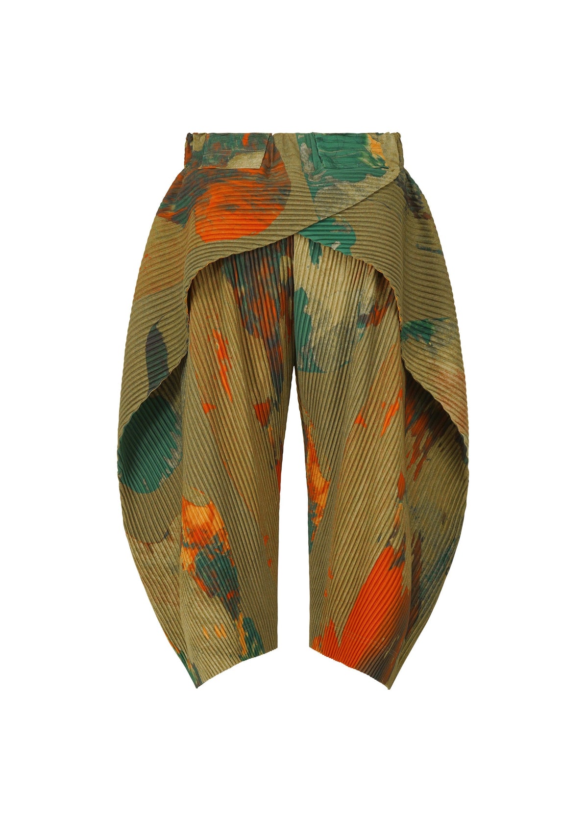 PAINTED STONE shorts by HOMME PLISSÉ ISSEY MIYAKE feature pleats, a khaki base, and abstract orange, green, and red paint splatters for a sculptural look with overlapping panels and a voluminous silhouette. view 4 of 8