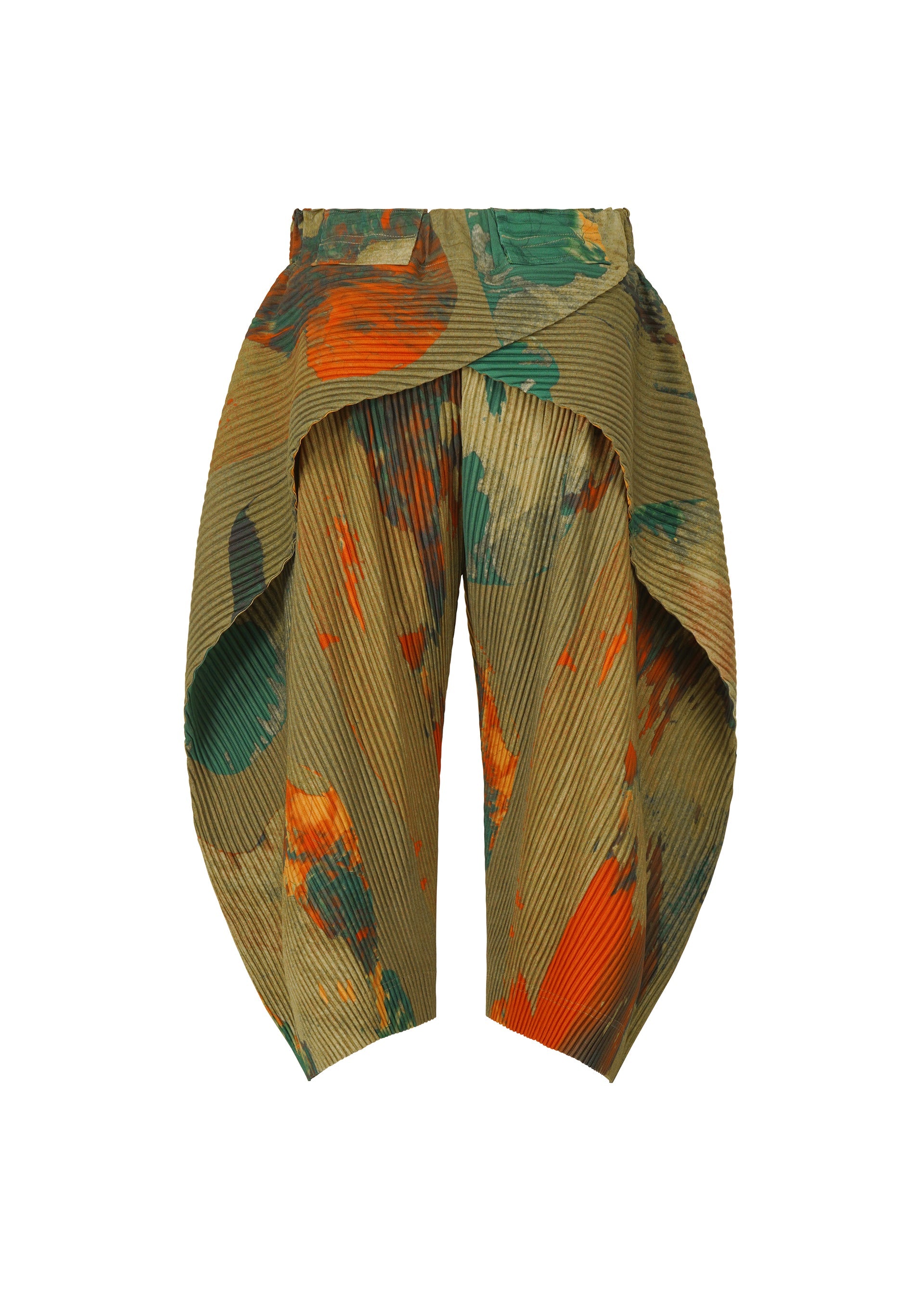 Zoomed view PAINTED STONE shorts by HOMME PLISSÉ ISSEY MIYAKE feature pleats, a khaki base, and abstract orange, green, and red paint splatters for a sculptural look with overlapping panels and a voluminous silhouette.