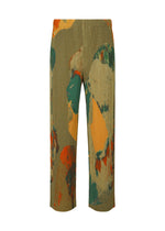 The PAINTED STONE pants by HOMME PLISSÉ ISSEY MIYAKE are ribbed, cropped straight pants with an abstract camouflage-inspired print and stone accents in green, orange, yellow, and beige. - GREEN （no.62）