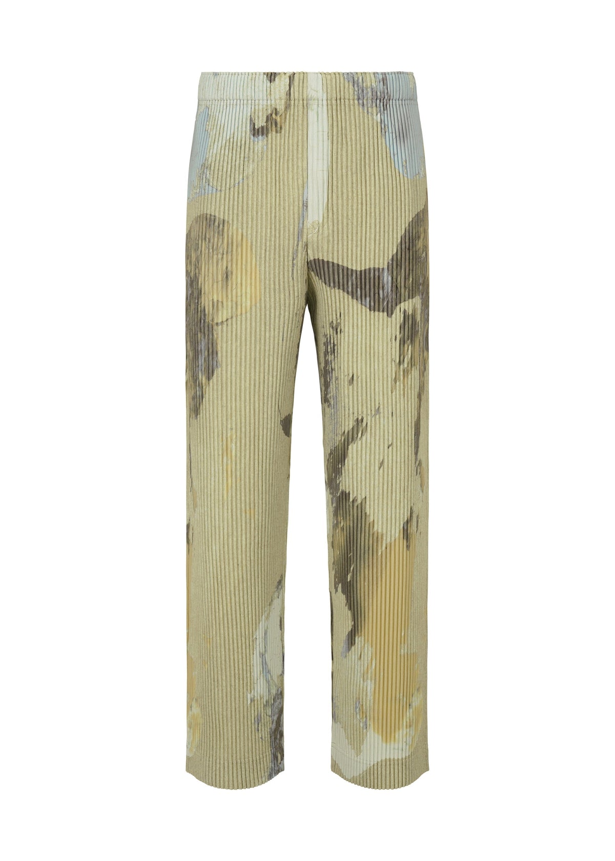 The PAINTED STONE straight pants by HOMME PLISSÉ ISSEY MIYAKE feature a light green ribbed fabric with a beige, brown, and gray abstract stone print and a simple waistband. The subtle vertical texture enhances the artistic design. view 3 of 8