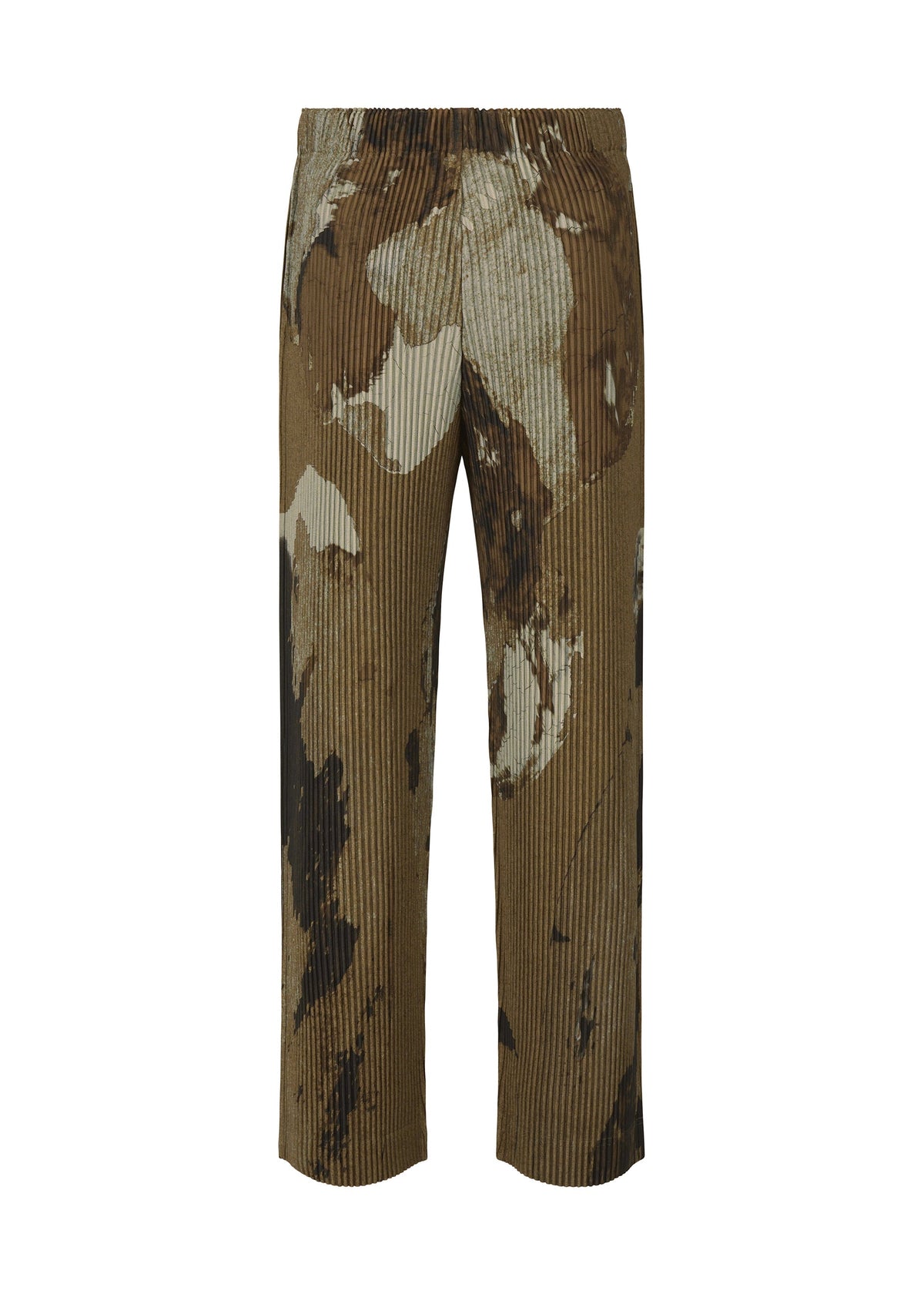 The PAINTED STONE pants by HOMME PLISSÉ ISSEY MIYAKE feature a brown straight silhouette with an abstract beige, black, and white paint-splatter pattern, shown against a white background. view 4 of 8