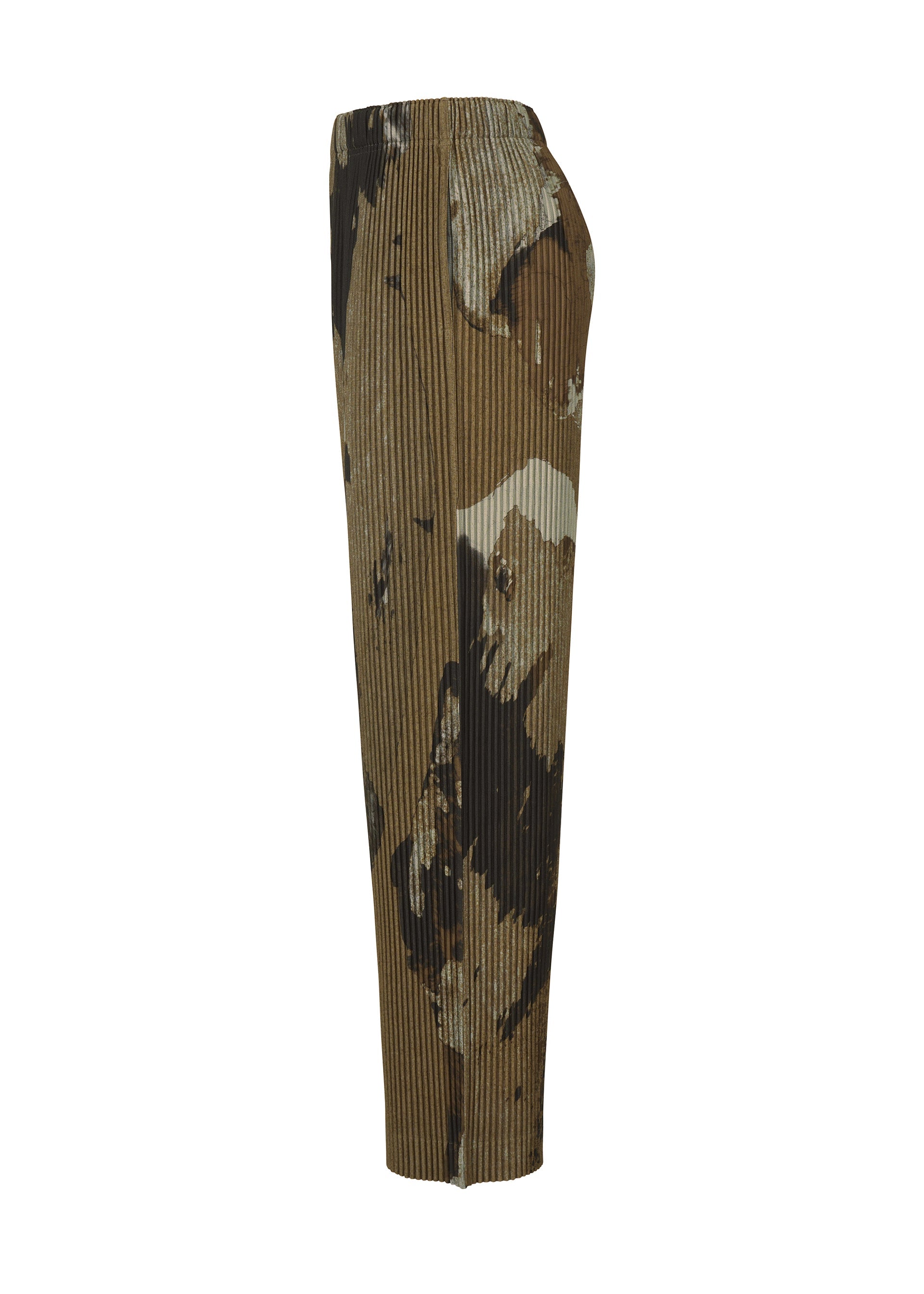 Zoomed view Side view of PAINTED STONE high-waisted straight pants by HOMME PLISSÉ ISSEY MIYAKE, featuring a brown, black, and beige abstract stone pattern, pleats, and a relaxed fit with an elastic drawcord waist for comfort.