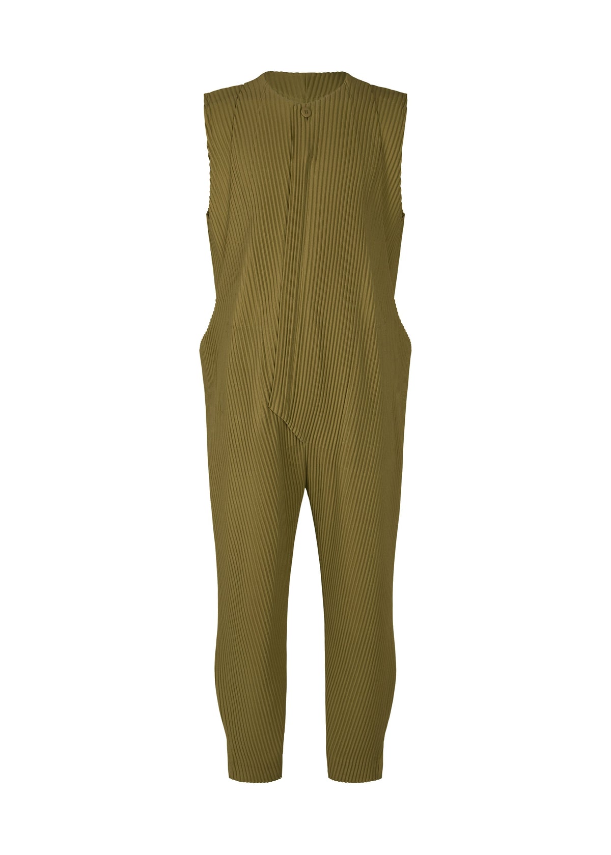PLEATS BOTTOMS 2 by HOMME PLISSÉ ISSEY MIYAKE: sleeveless olive green jumpsuit with pleated texture, high round neckline, tapered legs, and an asymmetrical front zipper fly. Shown against a plain white background. view 2 of 9