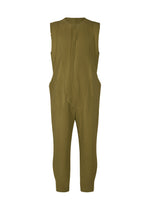 PLEATS BOTTOMS 2 by HOMME PLISSÉ ISSEY MIYAKE: sleeveless olive green jumpsuit with pleated texture, high round neckline, tapered legs, and an asymmetrical front zipper fly. Shown against a plain white background. - ROCK REEF GREEN （no.67）