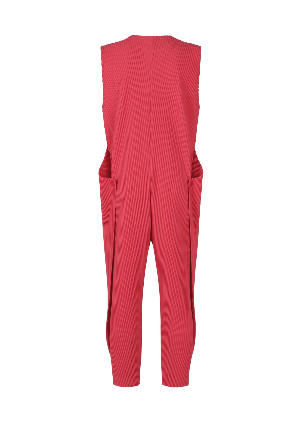The PLEATS BOTTOMS 2 by HOMME PLISSÉ ISSEY MIYAKE features a sleeveless red jumpsuit with a pleated texture, wide side pockets, tapered legs, and a zipper fly, shown against a plain white background. view 3 of 9