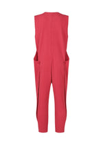 The PLEATS BOTTOMS 2 by HOMME PLISSÉ ISSEY MIYAKE features a sleeveless red jumpsuit with a pleated texture, wide side pockets, tapered legs, and a zipper fly, shown against a plain white background.