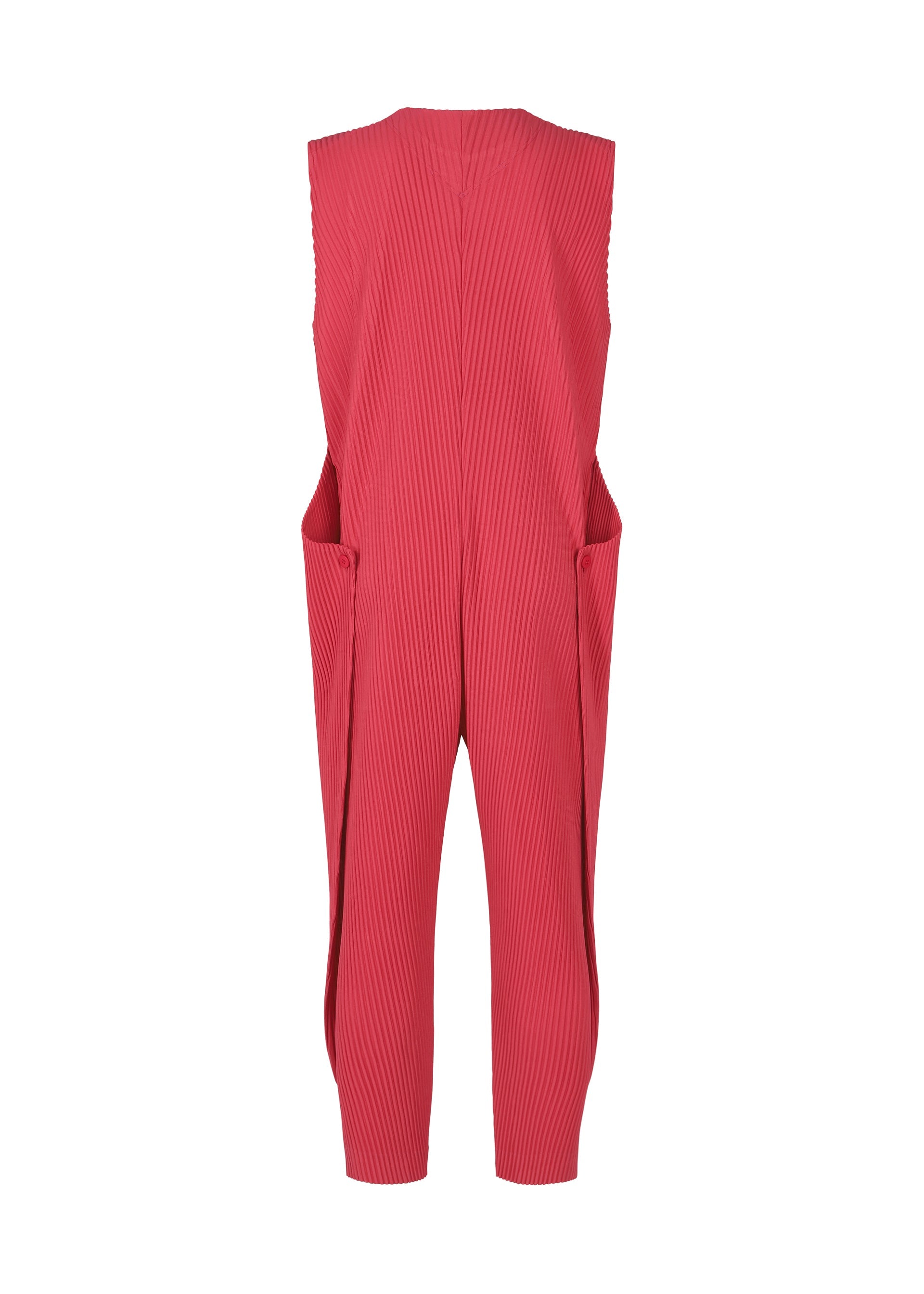 Zoomed view The PLEATS BOTTOMS 2 by HOMME PLISSÉ ISSEY MIYAKE features a sleeveless red jumpsuit with a pleated texture, wide side pockets, tapered legs, and a zipper fly, shown against a plain white background.
