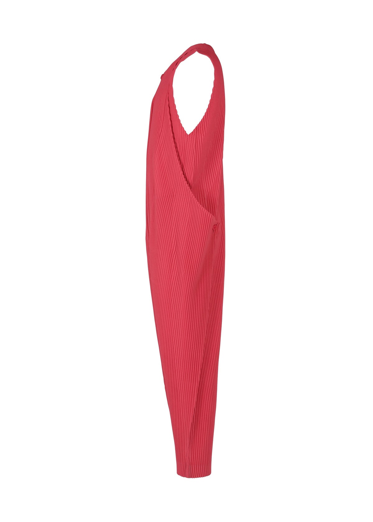 Side view of the HOMME PLISSÉ ISSEY MIYAKE PLEATS BOTTOMS 2, a loose-fitting, sleeveless red pleated jumpsuit with a V-neck, draped design, comfortable silhouette, and zipper fly, displayed on a plain white background. view 4 of 9