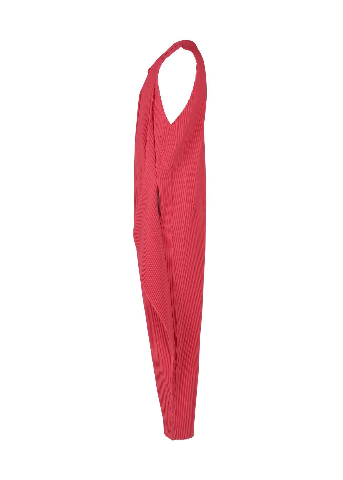 The PLEATS BOTTOMS 2 by HOMME PLISSÉ ISSEY MIYAKE is a bright red, sleeveless jumpsuit with pleats, deep armholes, and a draped silhouette for comfort, shown against a white background. view 5 of 9