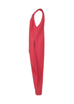 The PLEATS BOTTOMS 2 by HOMME PLISSÉ ISSEY MIYAKE is a bright red, sleeveless jumpsuit with pleats, deep armholes, and a draped silhouette for comfort, shown against a white background.