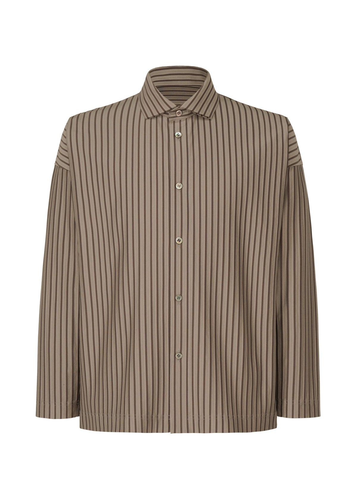 The STRIPE JERSEY SHIRT by HOMME PLISSÉ ISSEY MIYAKE is a relaxed-fit, long-sleeved, button-up with vertical brown and beige stripes, crafted from soft jersey fabric and finished with a classic collar. view 2 of 4