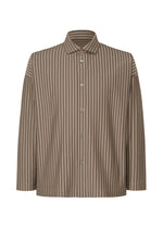 The STRIPE JERSEY SHIRT by HOMME PLISSÉ ISSEY MIYAKE is a relaxed-fit, long-sleeved, button-up with vertical brown and beige stripes, crafted from soft jersey fabric and finished with a classic collar. - GRAY （no.12）